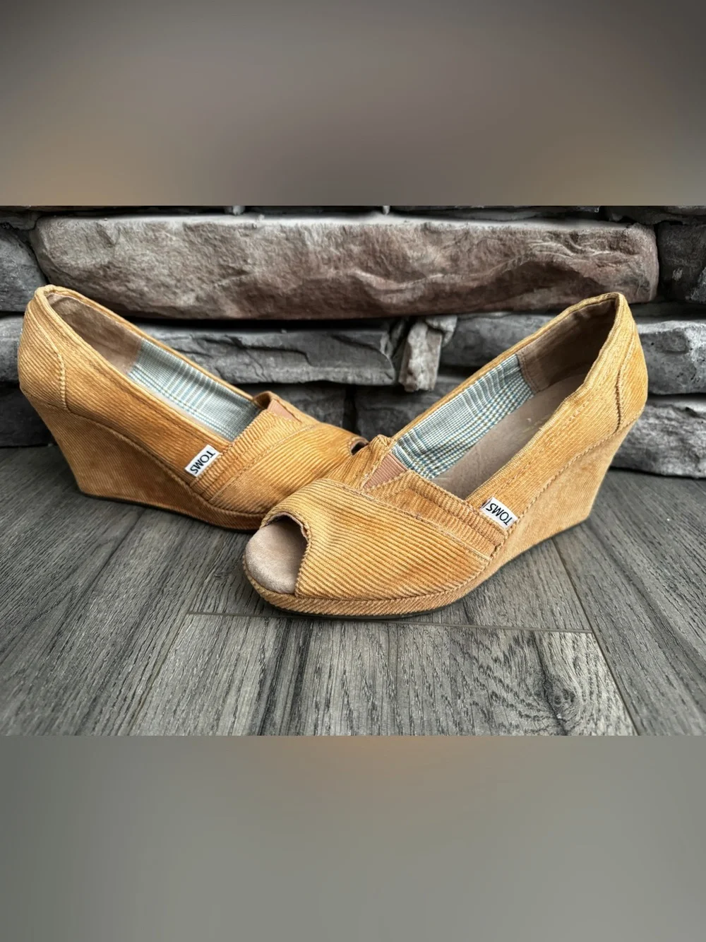 TOMS Khaki Tan Corduroy Peep-Toe Calypso Wedge Slip-Ons-6.5 3” Wedge